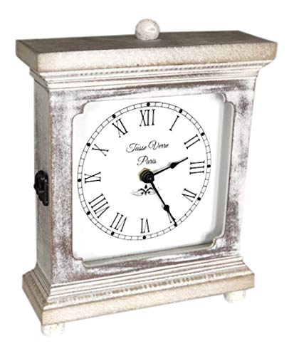 Rustic Wood Clock For Shelf Table Or Desk 9'x7' - Farmhouse Decor Distressed White Washed Mechanical Quiet Silent - Office, Bedroom Fireplace Mantel Living Family Room. AA Battery Operated Non-Digital