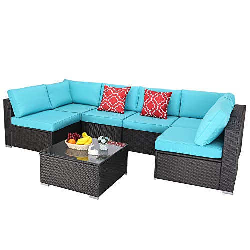 Furnimy 7 Pieces Patio Furniture Sets Outdoor Furniture Sectional Sofa Patio Conversation Set Outdoor Patio Furniture Set Rattan Wicker Expresso with Patio Table (Turquoise)