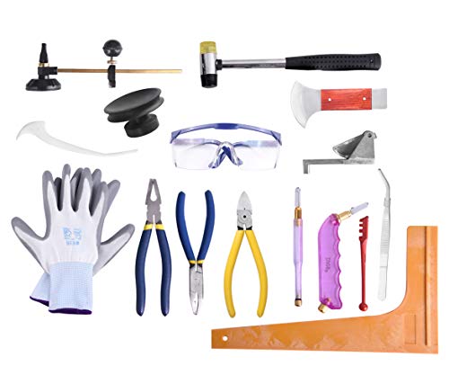 Professional 16 Pieces Mosaic Tile and Stained Glass Start-up Tool Set with Carrying Case, Lead Came Kit for Beginner with Cutters, Pliers, Square, Hammer, FID, Safety Glass, etc.