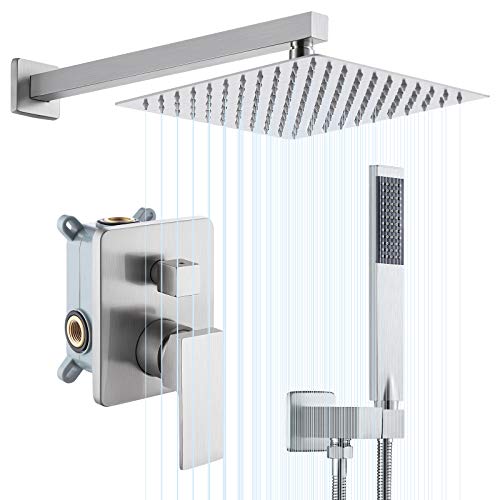 KES 10 Inches Rain Shower System Shower Faucets Sets Complete Square Brushed Nickel Pressure Balance Shower Valve and Trim Kit, XB6230-BN