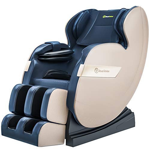 Real Relax 2020 Massage Chair, Full Body Zero Gravity Shiatsu Recliner with Bluetooth and Led Light, Blue and Khaki