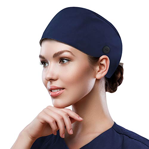 QBA Adjustable Working Cap with Button, Cotton Working Hat Sweatband, Elastic Bandage Tie Back Hats for Women & Men, One Size - Navy Blue
