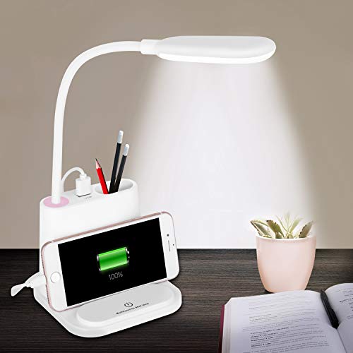 LED Desk Lamp, NovoLido Rechargeable Desk Lamp with USB Charging Port & Pen Holder, 2 Color Modes & Stepless Dimming, 360° Flexible Metal Hose, Mini Cute Lamp for College Dorm Bedroom Reading (White)