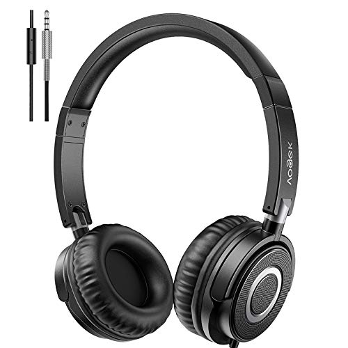 Vogek On Ear Headphones with Microphone, Lightweight Portable Fold-Flat Stereo Bass Headphones with 1.5M Tangle Free Cord and Mic, Black