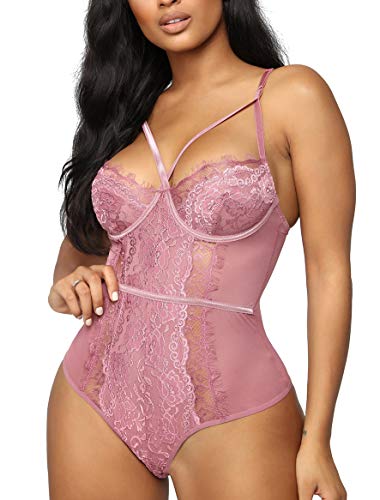 WADAYUYU Women Sexy Lace Teddy Lingerie Adjustable Straps Bodysuit One Piece Babydoll Bridal Lingerie Blush XL