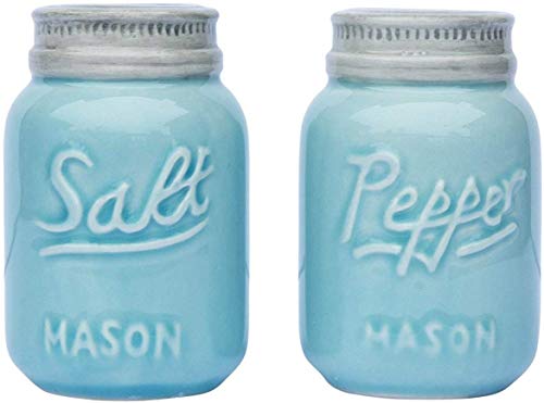 Vintage Mason Jar Salt & Pepper Shakers by Comfify - Adorable Decorative Mason Jar Décor for Vintage, Rustic, Shabby Chic - Sturdy Ceramic in Aqua Blue - 3.5 oz. Cap.