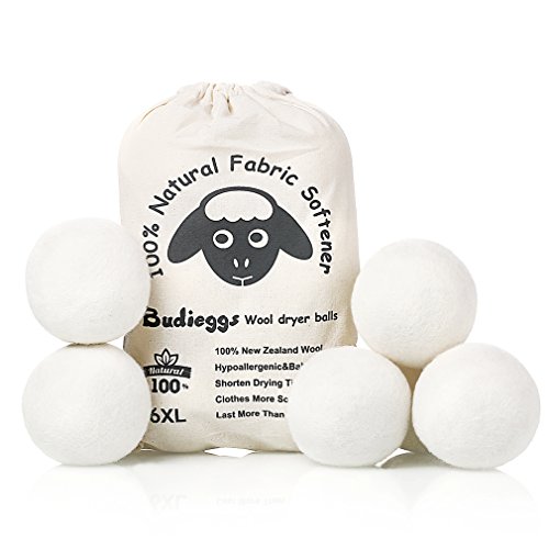 Budieggs Wool Dryer Balls Organic XL 6-Pack, 100% New Zealand Chemical Free Fabric Softener for 1000+ Loads, Baby Safe & Hypoallergenic, Reduce Wrinkles & Shorten Drying Time Naturally