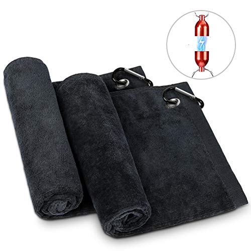 Merssyria Golf Towels, Microfiber Golf Towel for Bags, Golf Club Ball Cleaning Towel (16' X 12') with Carabiner Clips and Magnetic Connector Chain Attachment to Bag - 2 Pack