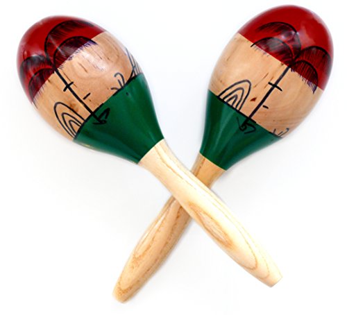 MARACAS & 10INCH LARGE WOOD RUMBA SHAKERS Set of 2 - Latin Hand Percussion With Full, Bright Vibrant Sound Quality and Great Musical Instrument Stimulating Salsa Rhythm - Rattle With Party Fun