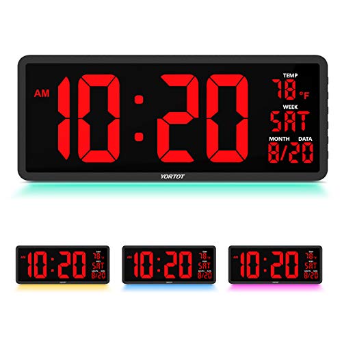 YORTOT 16” Large Digital Wall Clock with 7 Color Decor Night Light, 4 Level Brightness Dimmer, Remote Control, Big Red Number LED Display with Indoor Temperature, Date and 12/24H, DST, Fold Out Stand