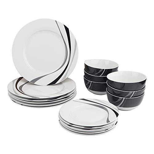 AmazonBasics 18-Piece Kitchen Dinnerware Set, Plates, Dishes, Bowls, Service for 6, Swirl