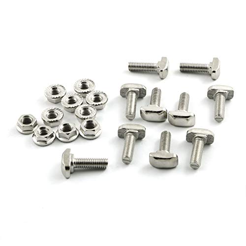 PZRT 10pcs M6 x 20mm Hammer Head Bolt T Screw,10pcs M6 Hexagon Flange Nuts Set, Carbon Steel Nickel Plated for 3030 Series Standard 8mm T-Slot Aluminum Profile