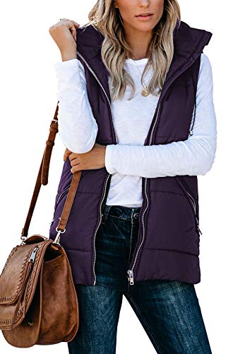 AMCLOS Womens Lightweight Puffer Vest with Removable Hooded Quilted Jacket Padded Warm Winter Waistcoat(Purple ,L)
