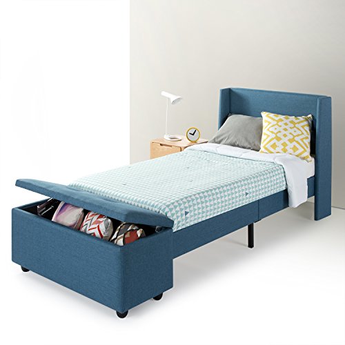 Mellow Platform Bedswith Headboard andBedside Storage-Ottoman Blue, Twin