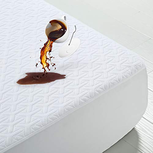 Premium Cooling Waterproof Mattress Protector Queen Size 3D Bamboo Air Fabric Ultra Soft Breathable Mattress Pad Cover Soft Smooth Comfort & Protection Phthalate & Vinyl-Free Noiseless (White, Queen)