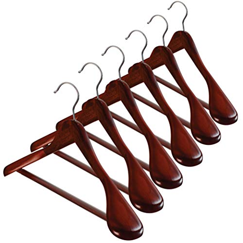 High-Grade Wide Shoulder Wooden Hangers 6 Pack with Non Slip Pants Bar - Smooth Finish Solid Wood Suit Hanger Coat Hanger, Holds upto 20lbs, 360° Swivel Hook, for Dress, Jacket, Heavy Clothes Hangers