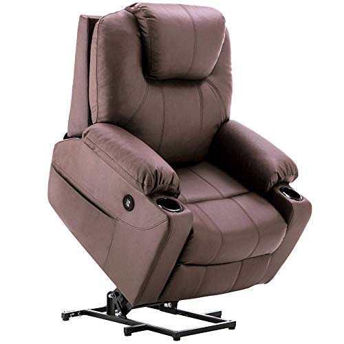 Mcombo Electric Power Lift Recliner Chair Sofa with Massage and Heat for Elderly, 3 Positions, 2 Side Pockets and Cup Holders, USB Ports, Faux Leather 7040 (Medium, Light Brown)
