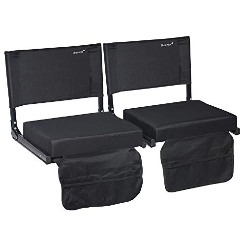 Sheenive Stadium Seats for Bleacher - Wide Padded Cushion Stadium Seats Chairs for Outdoor Bleachers with Leaning Back Support and Shoulder Strap, Perfect for NFL and Baseball Games, 2 Pack, Black