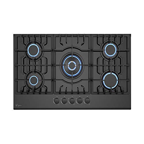 Empava 30 Inch Gas Stove Cooktop 5 Italy Sabaf Sealed Burners NG/LPG Convertible in Black Tempered Glass