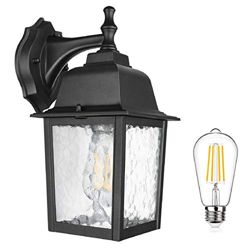 Dusk to Dawn Sensor Outdoor Wall Lantern Waterproof Exterior Wall Mount Lights, E26 LED Bulb Included, Anti-Rust Aluminum Matte Black Wall Sconce with Water Glass Shade for Garage, Patio, Hallway