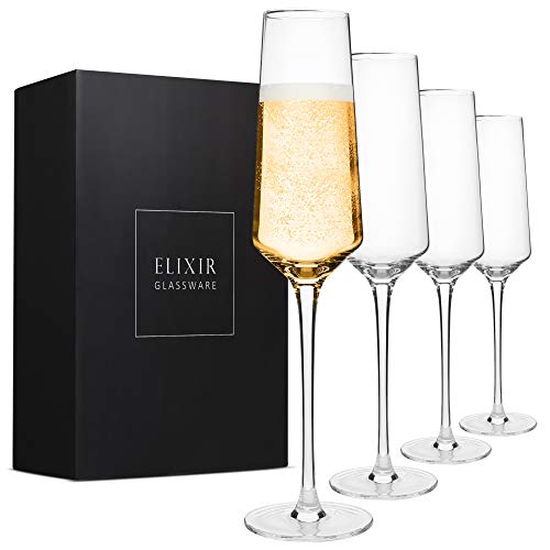 Classy Champagne Flutes - Hand Blown Crystal Champagne Glasses - Set of 4 Elegant Flutes, 100% Lead Free Premium Crystal - Gift for Wedding, Anniversary, Christmas - 8oz, Clear