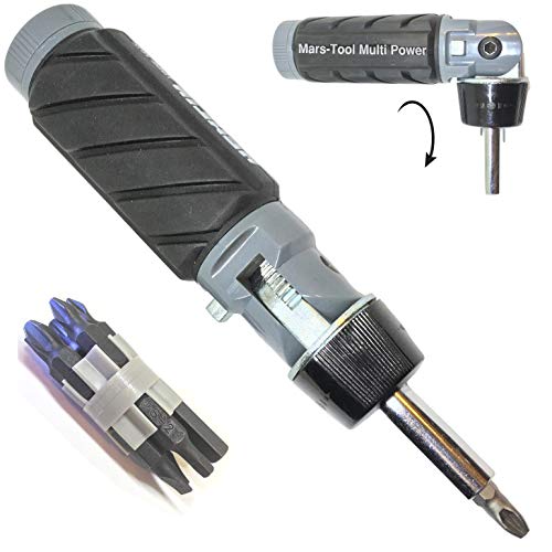 Heavy Duty RATCHETING SCREWDRIVER - ADJUSTABLE ANGLE - 3 Way Ratchet - NONSLIP Big Rubber Grip - Multibit Storage w/Ph Hex Torx Bits | Durable Portable Screw Driving Solutions from Mars-Tool