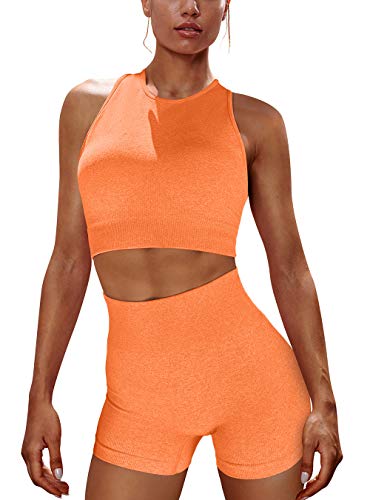 OYS Women's 2 Piece Outfits Seamless High Waisted Workout Shorts Racerback Padded Yoga Bra Sets Orange
