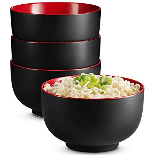 KooK Japanese Ceramic Noodle Bowl, Pho, Ramen, Deep Interior, Black and Red, capacity limit 34 oz - Set of 4