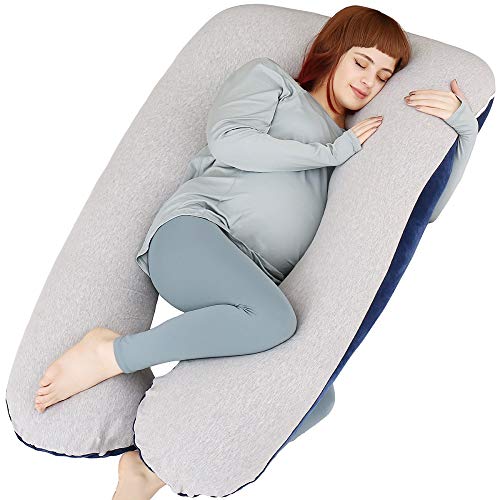 MOON PINE Pregnancy Pillow, U Shape Full Body Pillow for Maternity Support, Sleeping Pillow for Pregnant Women (Blue&Grey-Velvet&Jersey)