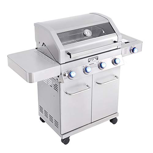 Monument Grills 41847NG 4-Burner Stainless Steel Grill Convertible to Natural Gas with Clear View Lid, LED Controls, and Side Burner