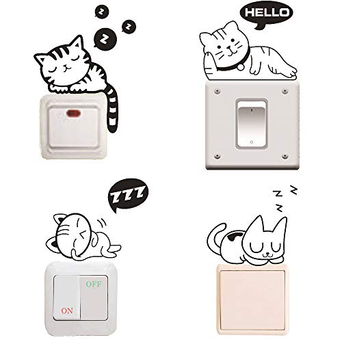 Removable Switch Sticker, 4 Pcs Cute Black Sleeping Cats Cartoon Wall Sticker, Light Switch Decor Decals, Family DIY Decor Art Car Stickers Home Decor Wall Art for Kids Living Room Office Decoration