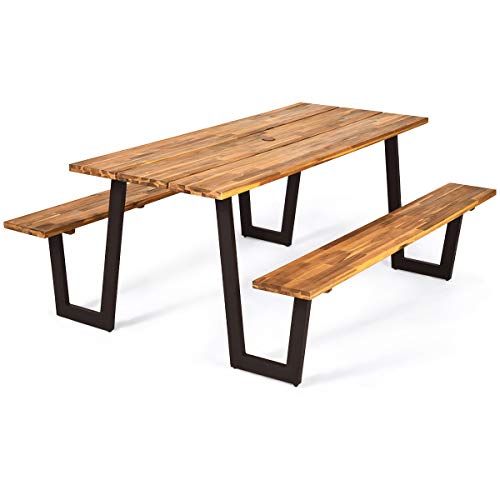 Giantex Picnic Table Bench Set with Umbrella Hole, Outdoor Dining Table Set, 70” Acacia Wood Picnic Beer Table with Metal Frame (Natural & Black)