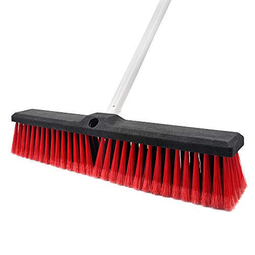 Push Broom Stiff Indoor Outdoor Rough Surface Floor Scrub Brush 17.7 inches Wide 61.8 inches Long Handle Stainless Steel, for Cleaning Bathroom Kitchen Patio Garage Deck Concrete Wood Stone Tile Floor
