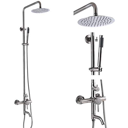 Aolemi Outdoor Shower Fixture SUS304 Triple Function Brushed Nickel Wall Mounted Stainless Steel Shower Faucet System Set with Hand Spray,8' Rain Shower Head