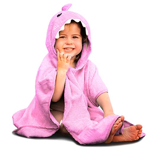 Hudz Kidz Premium Hooded Towel Poncho for Kids & Toddlers, Soft 100% Cotton, Ideal at Bath, Beach, Pool (Pink Shark)