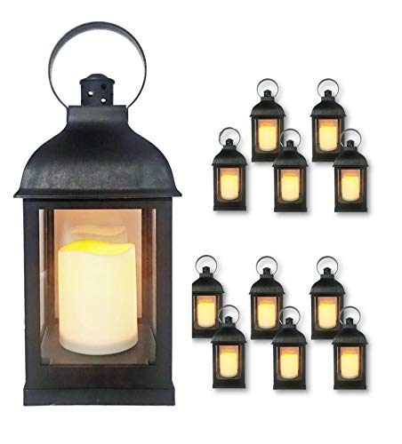 Just In Time For Winter {12 Pc Set} 10' Decorative Lanterns with Flameless LED Lighted Candle, 5 Hr Timer, Antique Look Indoor Outdoor Home, Garden, Weddings - Includes 1 Bonus String Lights! Black.