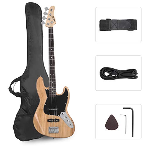 GLARRY 4 String GJazz Electric Bass Guitar Full Size Right Handed with Guitar Bag, Amp Cord and Beginner Kits (Burly Wood)…