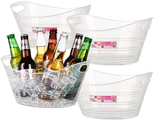 Zilpoo 4 Pack - Plastic Oval Storage Tub, 4.5 Liter Wine, Beer Bottle Drink Cooler, Parties Ice Bucket, Party Beverage Chiller Bin, Baskets, Clear