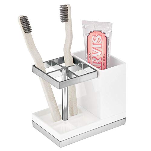 mDesign Decorative Plastic Bathroom Toothbrush and Toothpaste Stand Holder - Dental Organizer with 5 Storage Compartments for Bathroom Vanity Countertops and Medicine Cabinet - White/Chrome