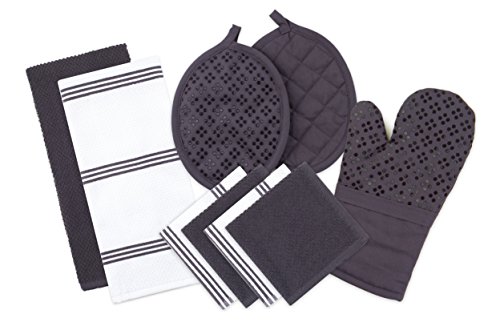Sticky Toffee Silicone Printed Oven Mitt & Pot Holder, Cotton Terry Kitchen Dish Towel & Dishcloth, Gray, 9 Piece Set