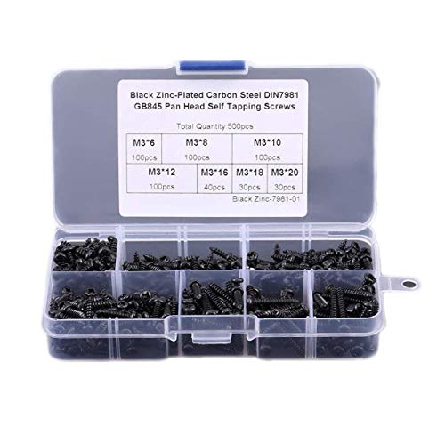 500pcs/Set M3 Black Zinc-Plated Carbon Steel Pan Head Self Tapping Screws, Assortment Drilling Screws with Storage Case, 6mm 8mm 10mm 12mm 16mm 18mm 20mm