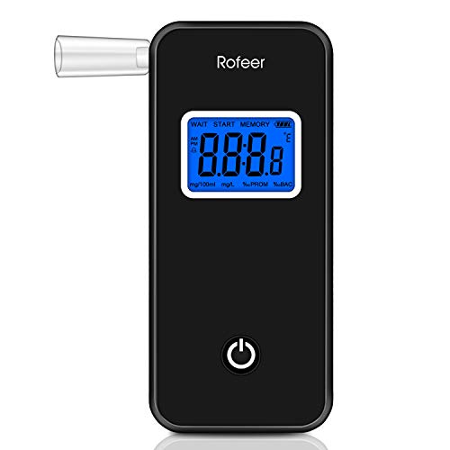 Breathalyzer, Rofeer Digital Blue LED Screen Portable Breath Alcohol Tester with 5 Mouthpieces for Drivers Or Home Use, Auto Power Off, Sound Alarm, Current Temperature Display