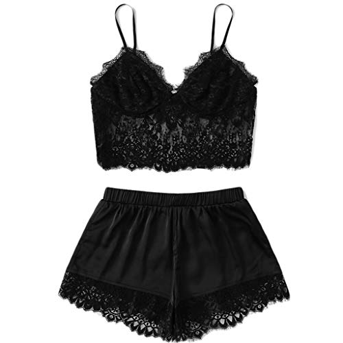 Nightwear Women Sexy lace Lingerie Set Cami Top and Shorts 2 Piece Set Sexy Lingerie Pajama Set Sexy Underwear (Black, L)