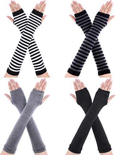 4 Pairs Punk Gothic Long Fingerless Gloves Halloween Knitted Arm Warmer Elbow Length Gloves Thumb Hole Gloves (Dark Grey, Light Grey, Striped Color)