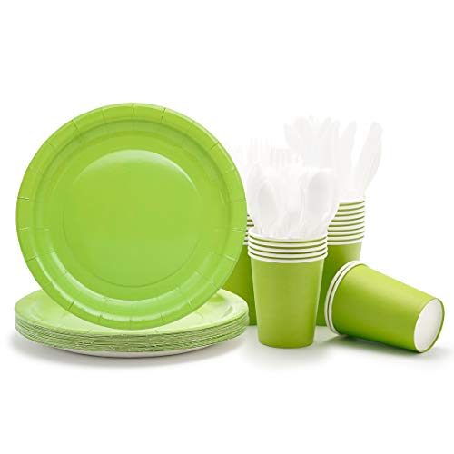 Party Paper Plates, Cups, Flatware, 120-Piece Disposable Dinnerware Set, Green, Includes 9-Inch Dinner Plates, 9oz Cups, Knives, Forks, and Spoons, Serves 24…