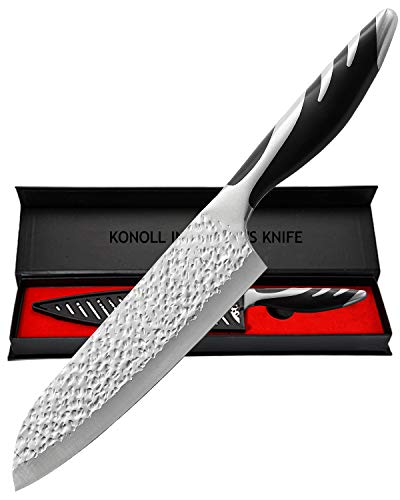 Santoku Knife - KONOLL Super Sharp Kitchen Knife, 7 inch Multifunctional Asian Knife, German High Carbon Stainless Steel Cooking knife, Ergonomic Handle