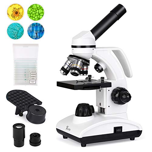 TELMU Microscope 40X-1000X Dual Cordless LED Illumination Lab Compound Monocular Microscopes with Optical Glass Lenses & 10 Slides 