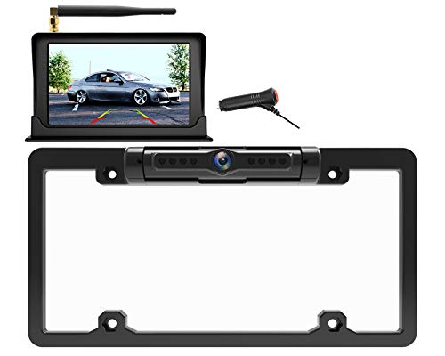 Calmoor Wireless Backup Camera Kit with 5' HD Screen License Plate Camera with Frame, Night Vision IP69K Waterproof 170°Wide Viewing Angle, Simple Installation, Universal for Car Camper Pickup