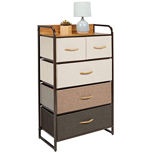 mDesign Tall Dresser Storage Chest - Sturdy Steel Frame, Wood Top & Handles, Easy Pull Fabric Bins, Organizer Unit for Bedroom, Entryway, Closet, Textured Print, 5 Drawers - Multi-Color/Espresso Brown