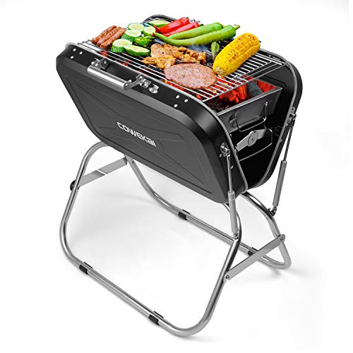 Portable Charcoal BBQ Grill, COWEKAI Stainless Steel Folding Charcoal Barbecue Grill -23x 17 x 26 inch - Durable Tabletop Barbecue Smokers Tool Kits for Outdoor Picnic Patio Backyard Camping Cooking